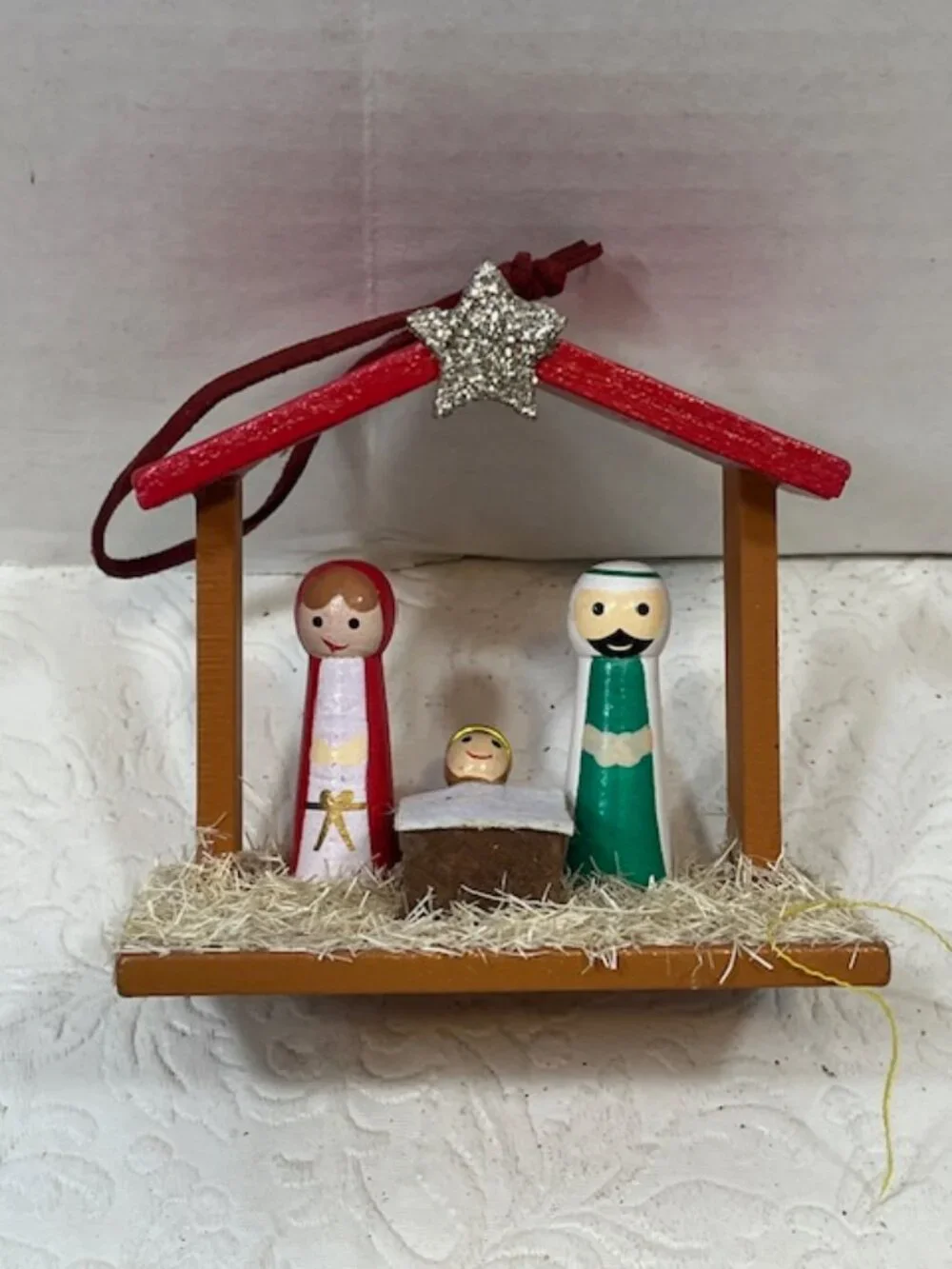 Mini Handmade Wooden Peg Nativity Manger Scene Christmas Ornament Star Decor3.5